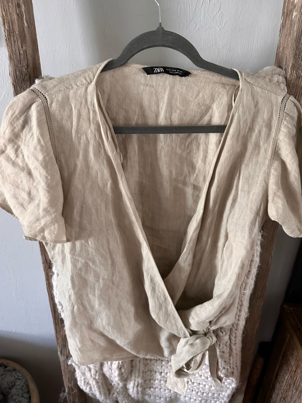 Zara Beige Linen Blend Wrap Tie Top